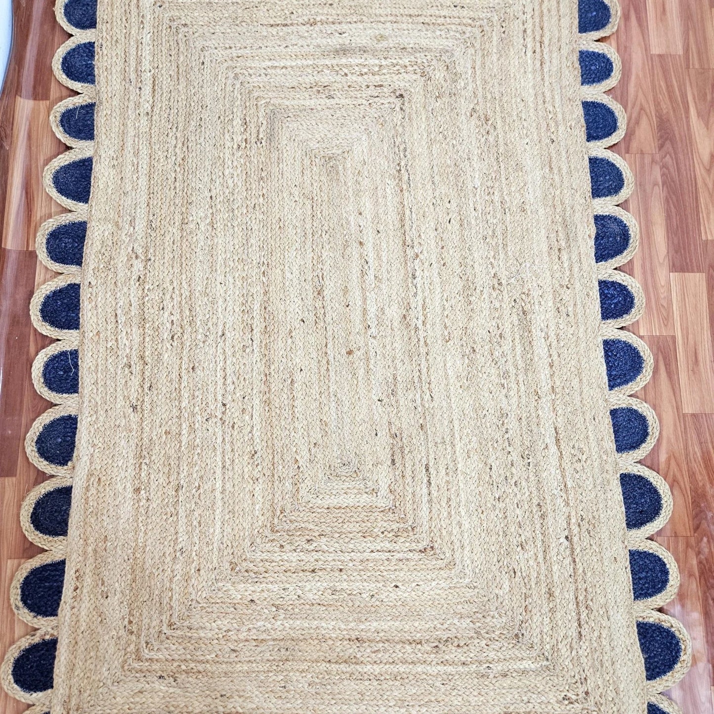 Handwoven Jute Runner Rug with Scalloped Black Trim – Boho Hallway Carpet