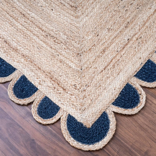Handwoven Jute Runner Rug with Scalloped Black Trim – Boho Hallway Carpet