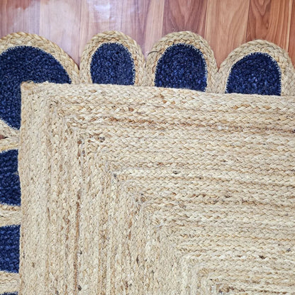 Handwoven Jute Runner Rug with Scalloped Black Trim – Boho Hallway Carpet