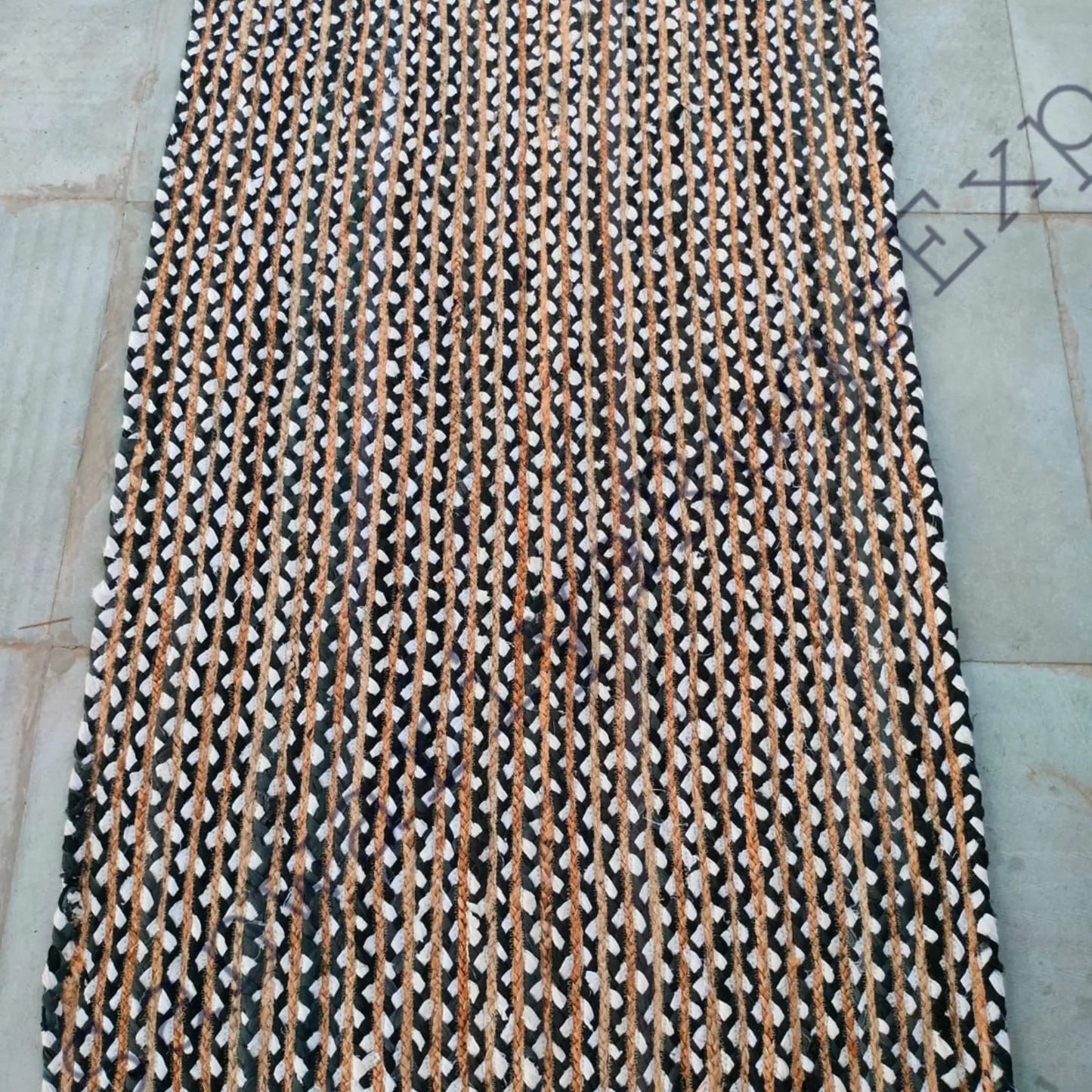 Handmade Braided Jute and Cotton Runner Rug – Striped Boho Rustic Carpet