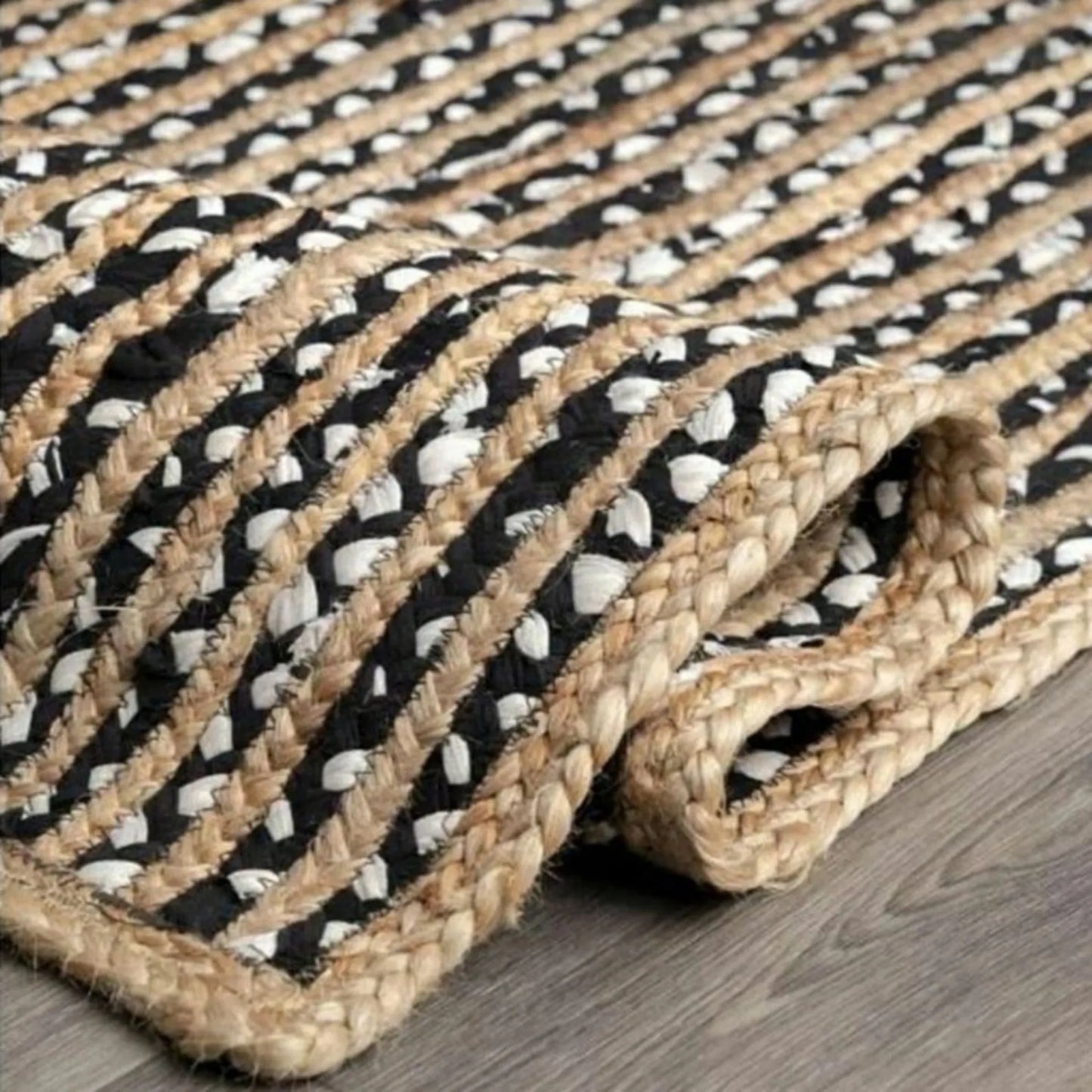 Handmade Braided Jute and Cotton Runner Rug – Striped Boho Rustic Carpet