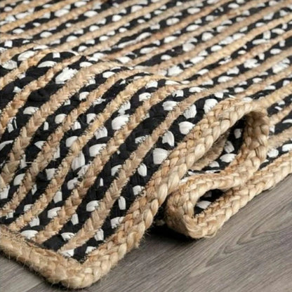 Handmade Braided Jute and Cotton Runner Rug – Striped Boho Rustic Carpet