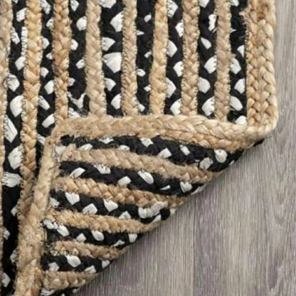 Handmade Braided Jute and Cotton Runner Rug – Striped Boho Rustic Carpet