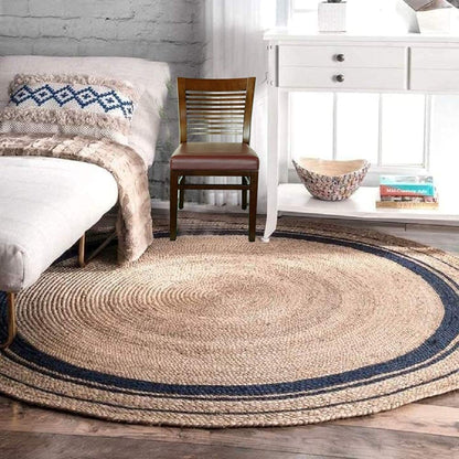 Natural Braided Round Jute Rug with Black Border – Handwoven Boho Area Rug