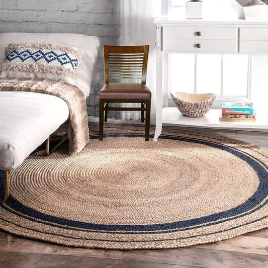 Natural Braided Round Jute Rug with Black Border – Handwoven Boho Area Rug