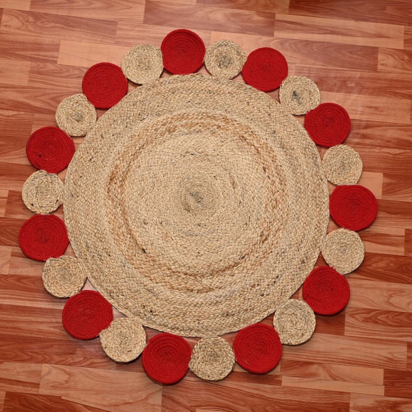 Handwoven Natural Red Circle Scallop Jute Rug – Boho Round Rug