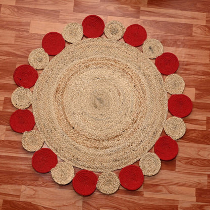 Handwoven Natural Red Circle Scallop Jute Rug – Boho Round Rug