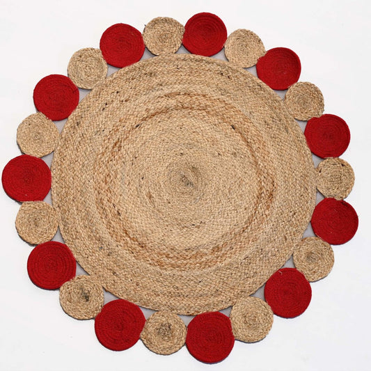 Handwoven Natural Red Circle Scallop Jute Rug – Boho Round Rug