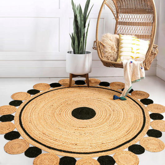Jute Braided Round Rug – Black Circle Custom Indian Rug (Handwoven Boho Style)