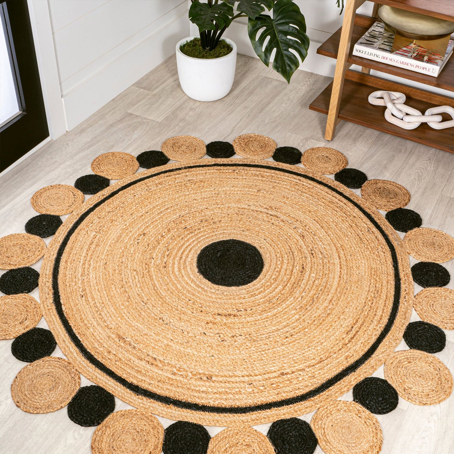 Jute Braided Round Rug – Black Circle Custom Indian Rug (Handwoven Boho Style)