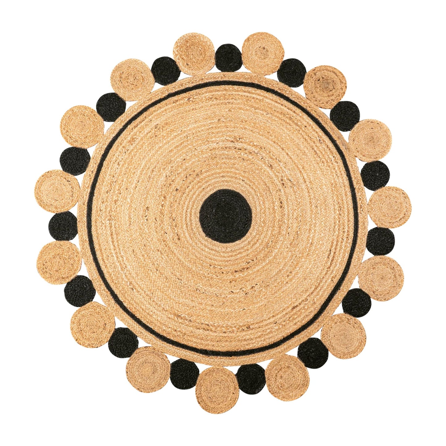 Jute Braided Round Rug – Black Circle Custom Indian Rug (Handwoven Boho Style)