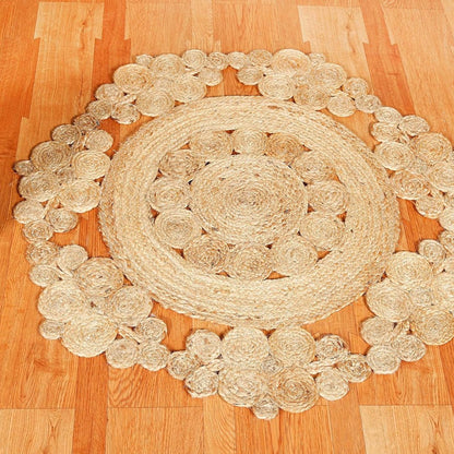 Handwoven Natural Floral Scalloped Jute Round Rug – Boho Statement Carpet