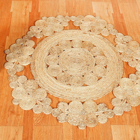 Handwoven Natural Floral Scalloped Jute Round Rug – Boho Statement Carpet