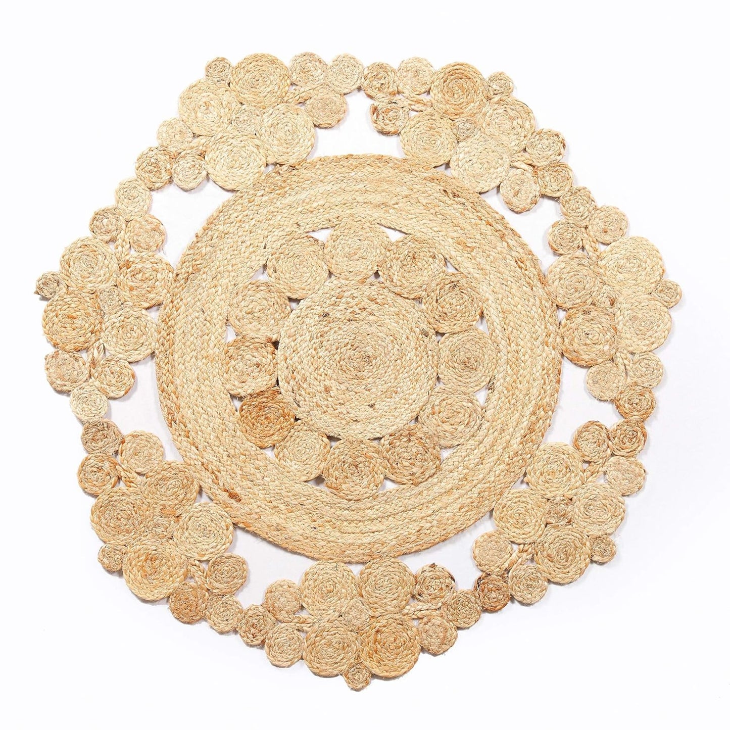 Handwoven Natural Floral Scalloped Jute Round Rug – Boho Statement Carpet