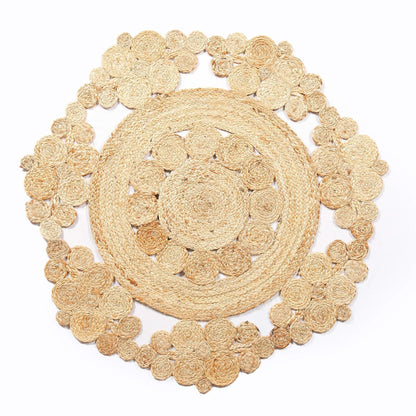 Handwoven Natural Floral Scalloped Jute Round Rug – Boho Statement Carpet